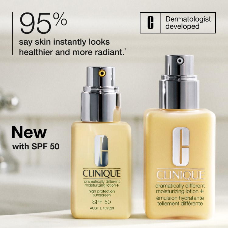 New Dramatically Different Moizturising Lotion SPF 50 bottle on a modern bathroom counter top
