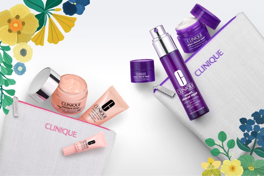 Products laying around with flowers around it