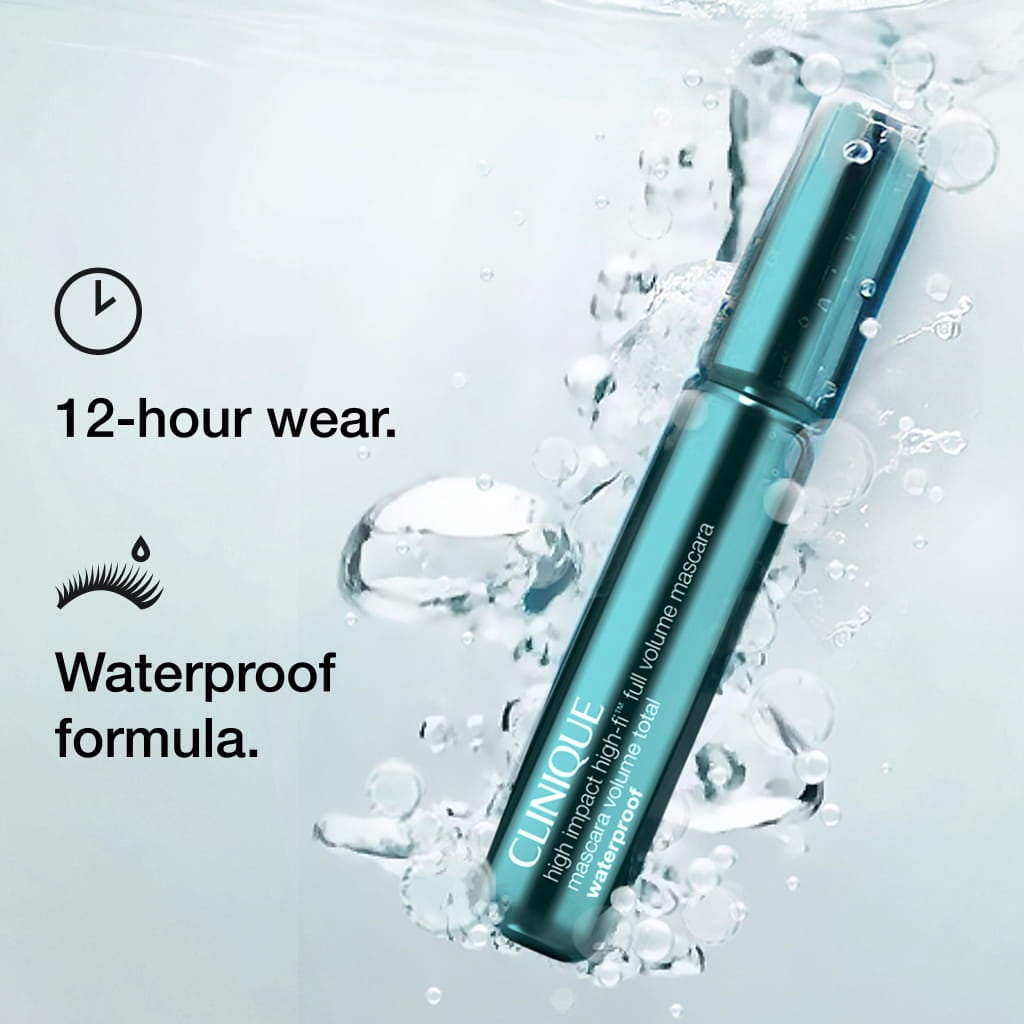 New High Impact Hi-Fi Waterproof Mascara, in glossy cyan blue packaging, submerged in clear water, surrounded by bubbles