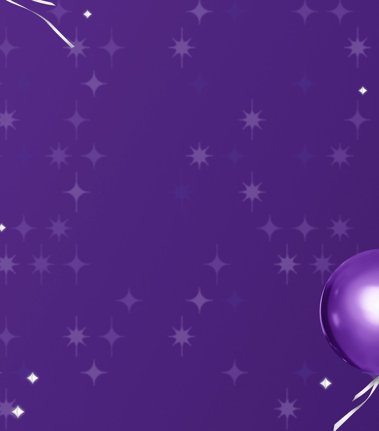 Purple background with bright purple balloons flying in the air, with small star graphics fading in and out