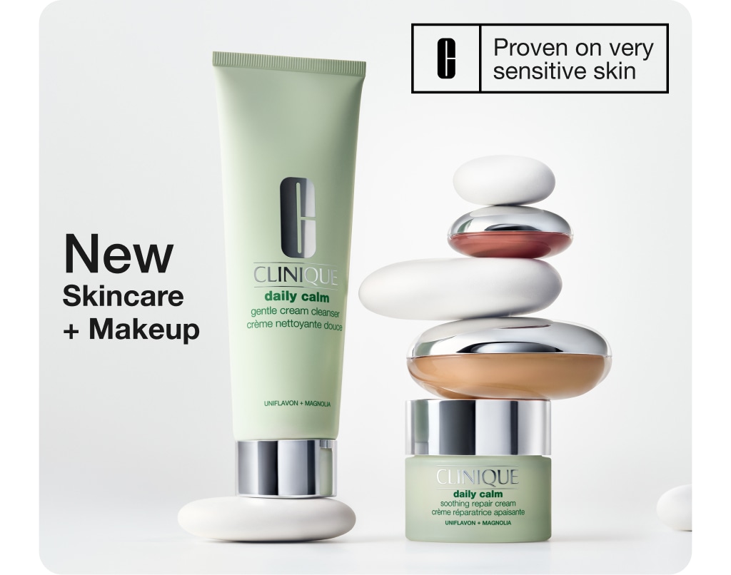 New Clinique Daily Calm™ Collection dynamically placed on grey pebble stones