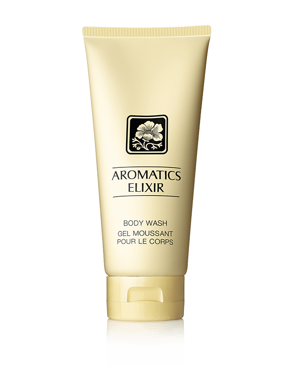 Aromatics Elixir Body Wash, A shimmering gold gel that gently washes the body with fragrance. For shower or bath.