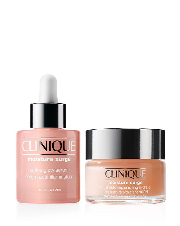 Moisture Surge™ Glow Duo Bundle (30% off at Checkout)	, Save 30% off at checkout on the Clinique’s Moisture Surge Duo features a 50ml 100H Auto-Replenishing Hydrator and a 30ml Active Glow Serum, clinically proven to deliver instant, long-lasting hydration and radiant glow