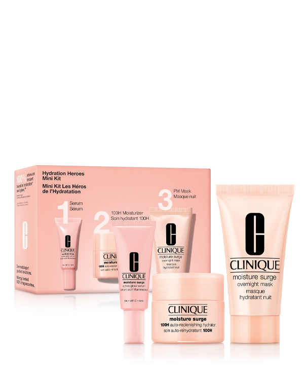 Hydration Heroes: Mini Moisture Surge Kit, A trio of hydration heroes for a dewy glow, in trial-perfect mini sizes.