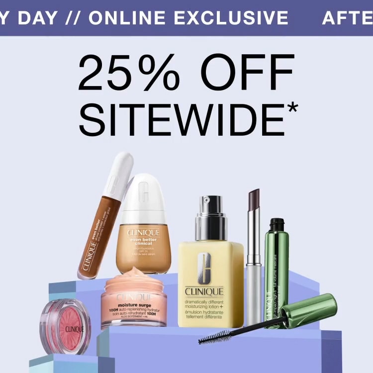 AFTERPAY DAY - ONLINE EXCLUSIVE - 25% Off Sitewide*- animation of Clinique products appearing on a purple background.