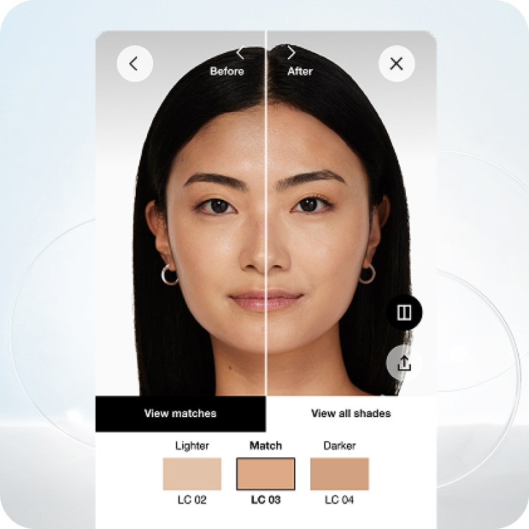 model with before and after example and different shades to match her face at the bottom.